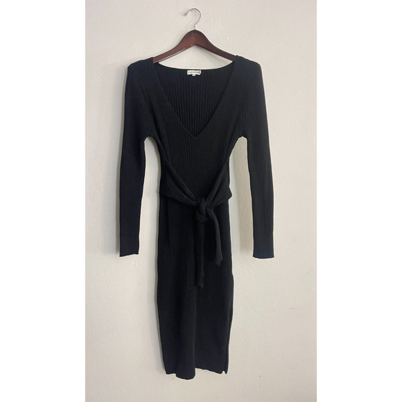Good American 3 Large Dress Black Ribbed Sweater Midi Tie Waist V Neck Stretch - Picture 3 of 10